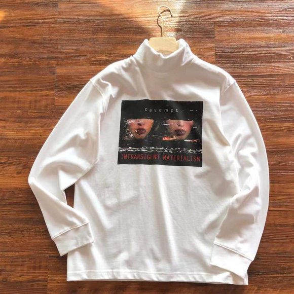 Cavermpt White Long-Sleeved Turtleneck Bottoming Shirt with Face Print - Picture 1 of 15